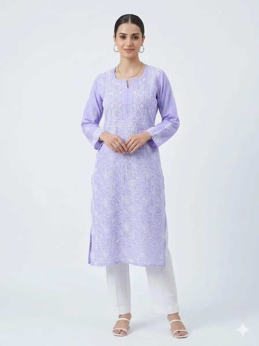 LCF CHIKAN EMBROIDERY VOIL COTTON LONG KURTI - PURPLE