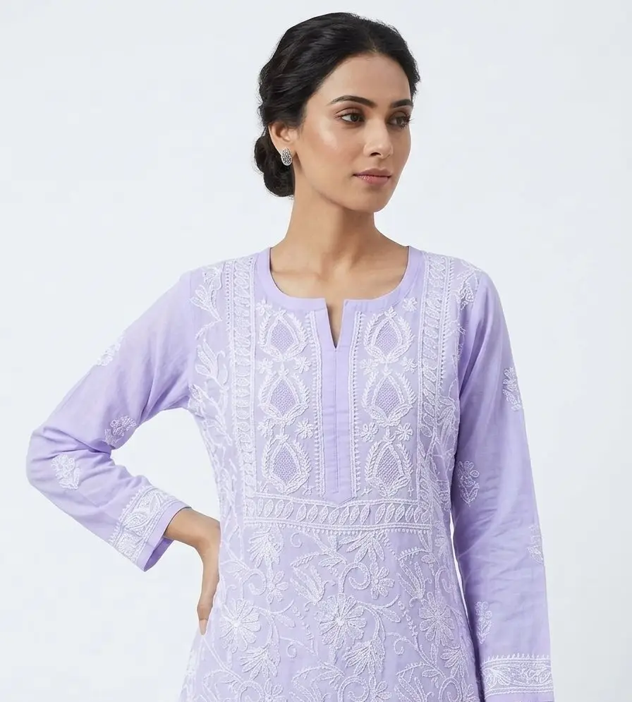 LCF CHIKAN EMBROIDERY VOIL COTTON LONG KURTI - PURPLE view 2