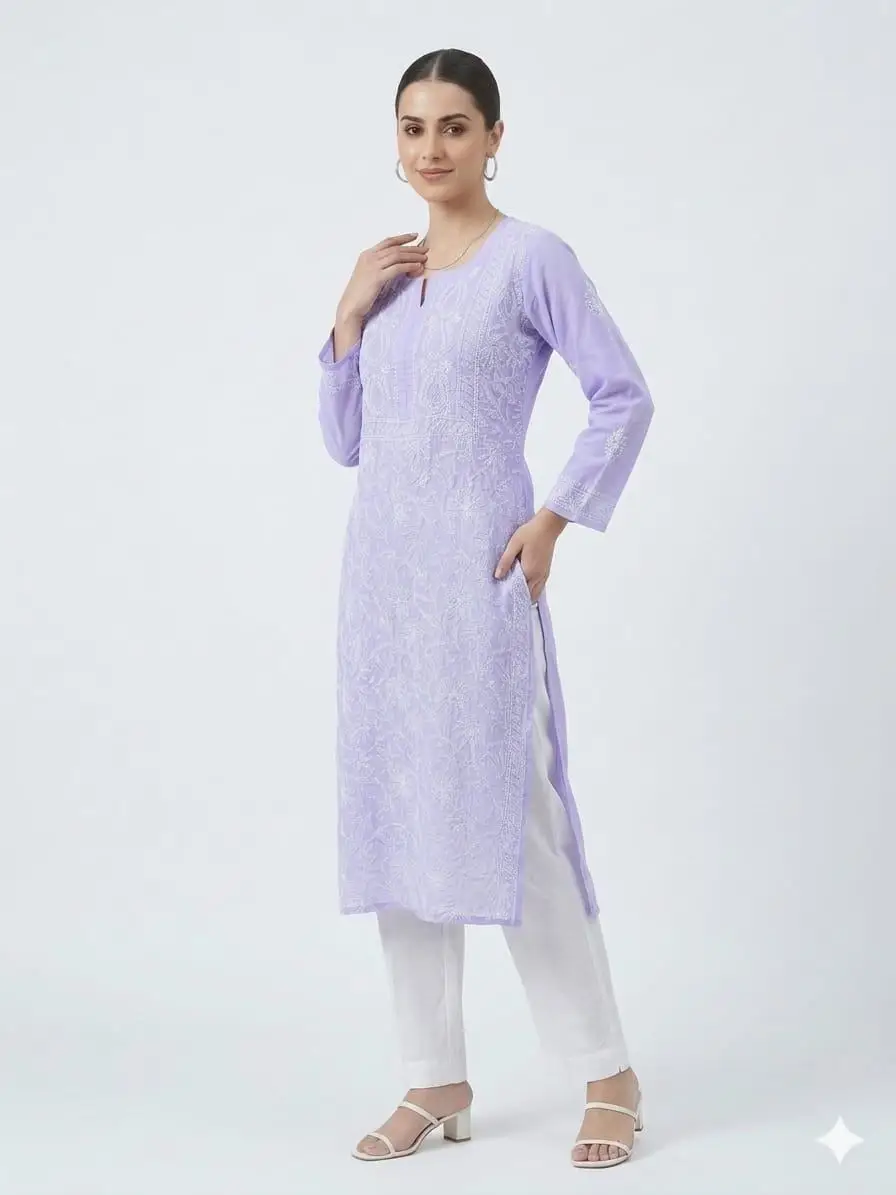 LCF CHIKAN EMBROIDERY VOIL COTTON LONG KURTI - PURPLE view 3
