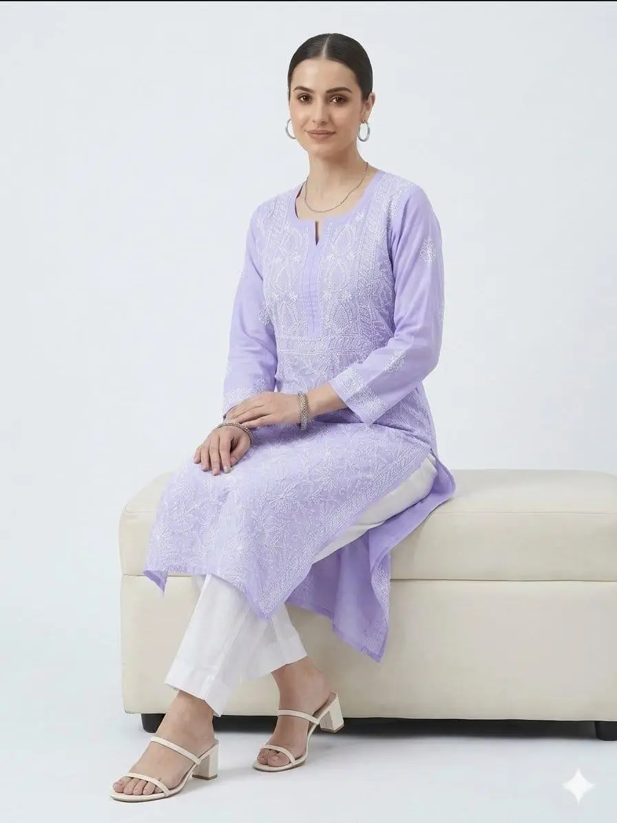 LCF CHIKAN EMBROIDERY VOIL COTTON LONG KURTI - PURPLE view 4