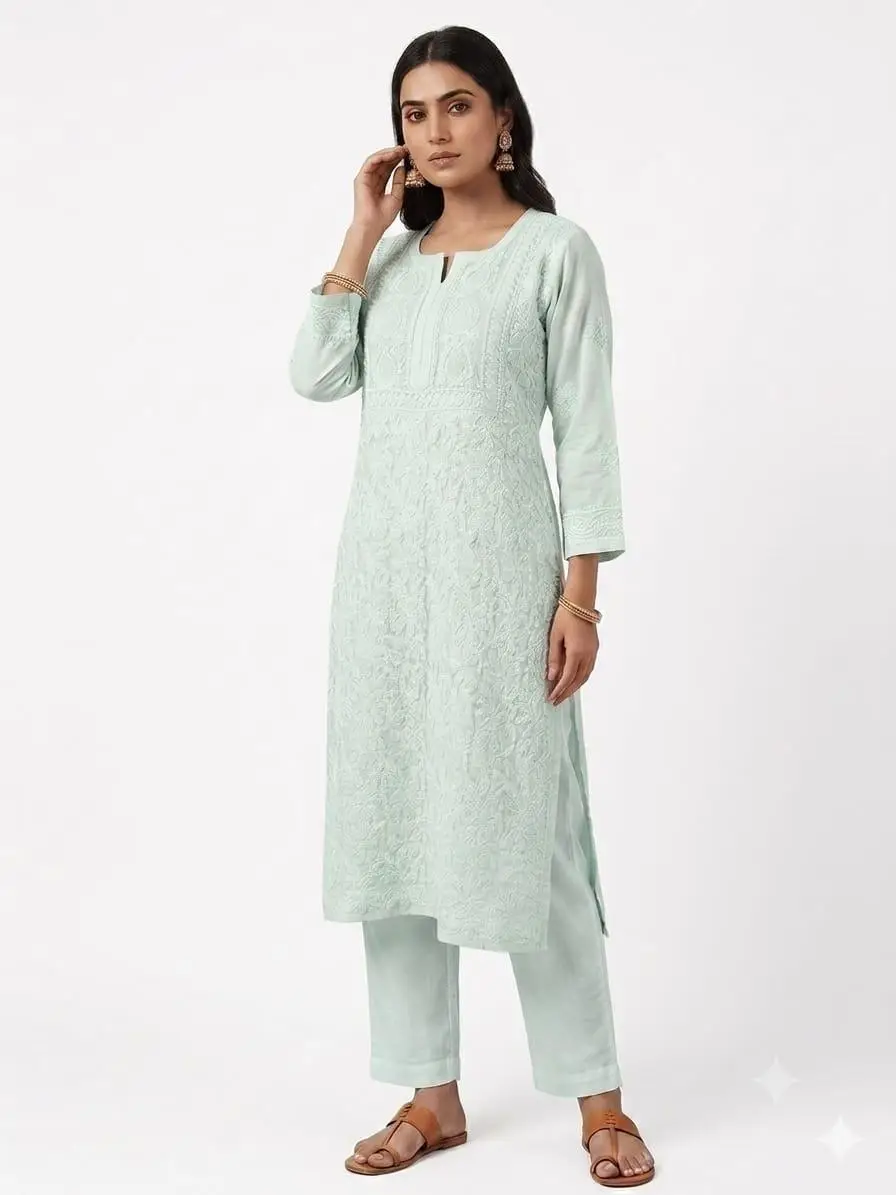 LCF CHIKAN EMBROIDERY VOIL COTTON LONG KURTI - SEA GREEN