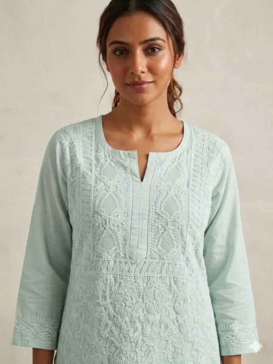 LCF CHIKAN EMBROIDERY VOIL COTTON LONG KURTI - SEA GREEN view 2