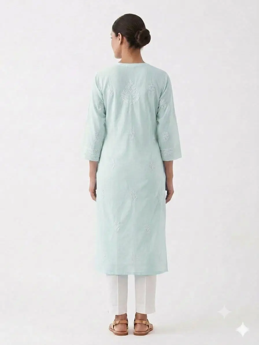 LCF CHIKAN EMBROIDERY VOIL COTTON LONG KURTI - SEA GREEN view 3