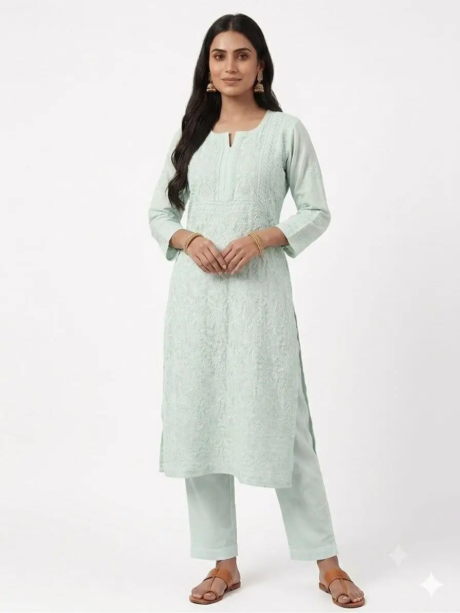 LCF CHIKAN EMBROIDERY VOIL COTTON LONG KURTI - SEA GREEN view 4