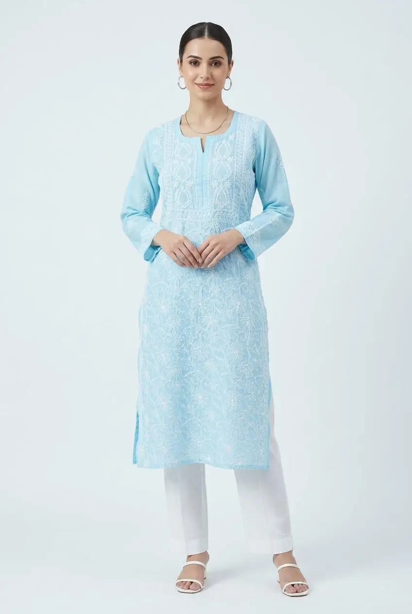 LCF CHIKAN EMBROIDERY VOIL COTTON LONG KURTI - SKY BLUE