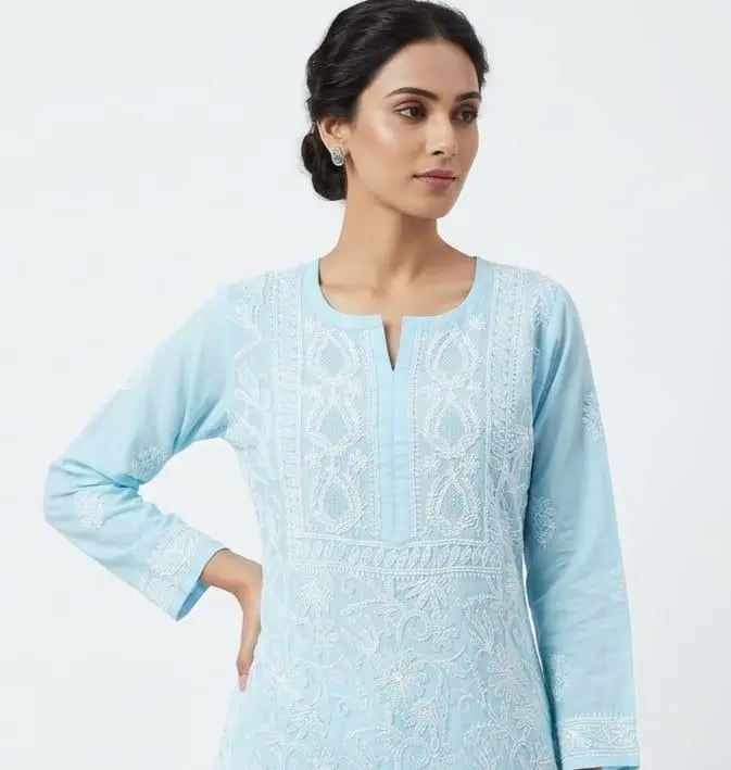LCF CHIKAN EMBROIDERY VOIL COTTON LONG KURTI - SKY BLUE view 2
