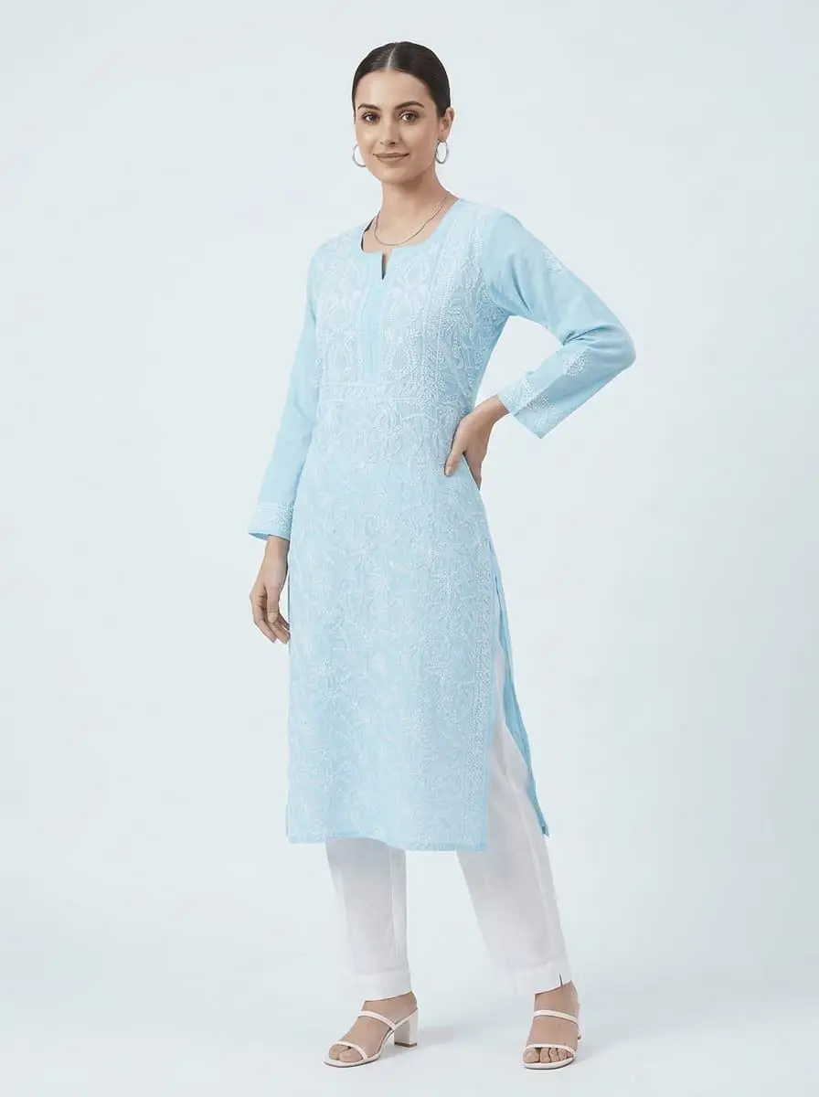 LCF CHIKAN EMBROIDERY VOIL COTTON LONG KURTI - SKY BLUE view 3