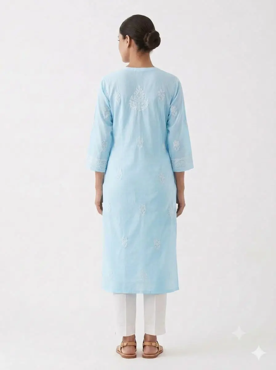 LCF CHIKAN EMBROIDERY VOIL COTTON LONG KURTI - SKY BLUE view 4