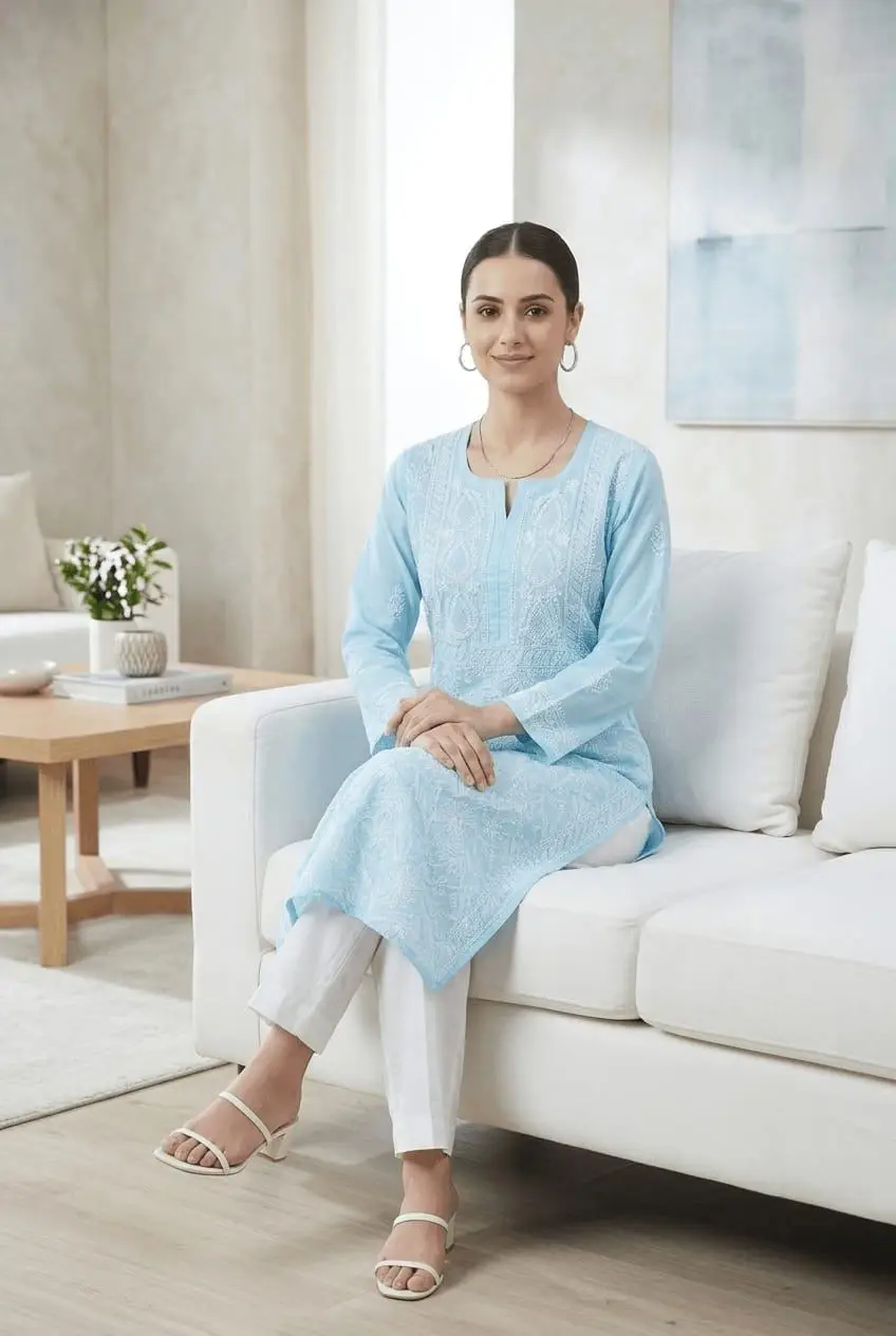 LCF CHIKAN EMBROIDERY VOIL COTTON LONG KURTI - SKY BLUE view 5