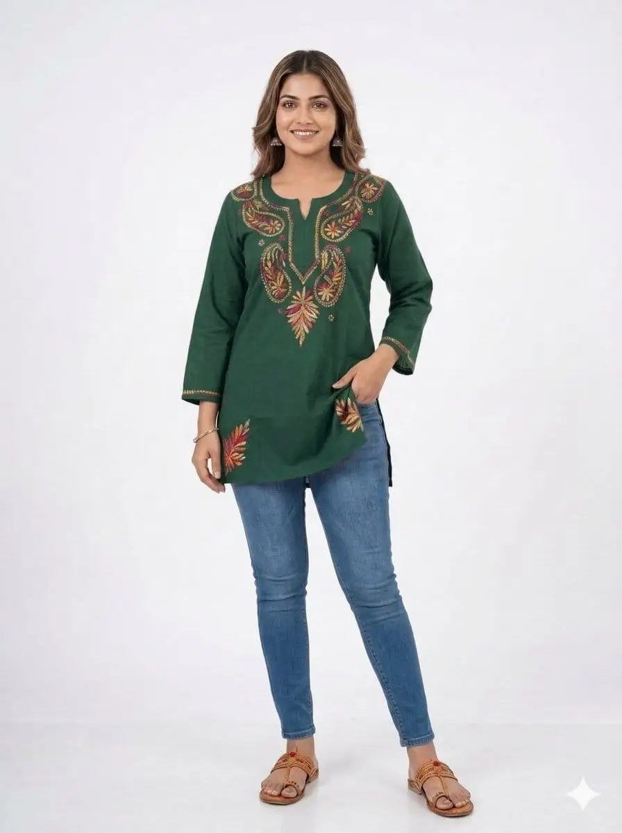LCF CHIKAN EMBROIDERY SPORT COTTON MULTI COLOURED THREAD WORK SHORT KURTI - CARROT