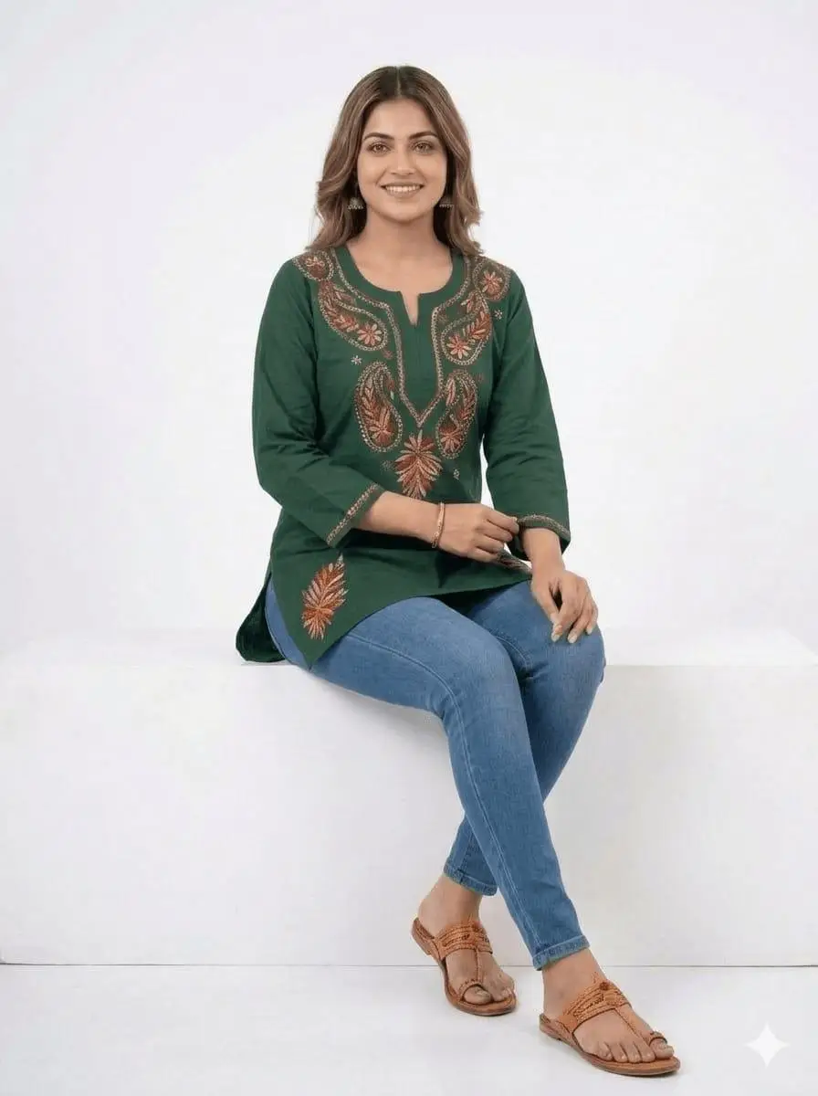 LCF CHIKAN EMBROIDERY SPORT COTTON MULTI COLOURED THREAD WORK SHORT KURTI - CARROT view 4