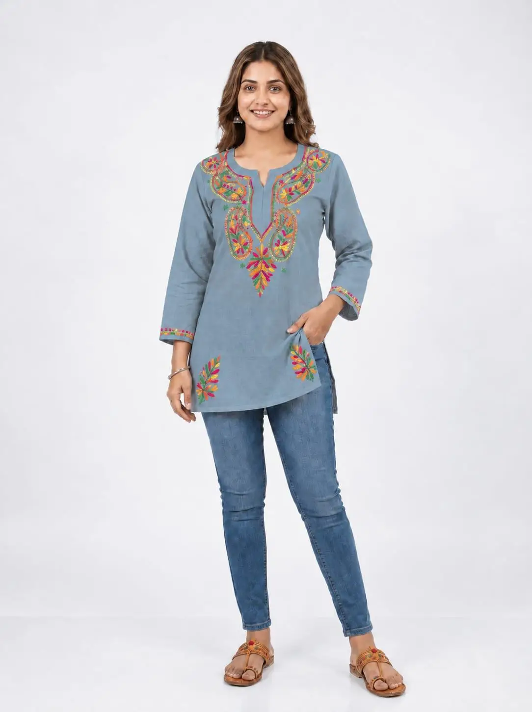 LCF CHIKAN EMBROIDERY SPORT COTTON MULTI COLOURED THREAD WORK SHORT KURTI -GREY