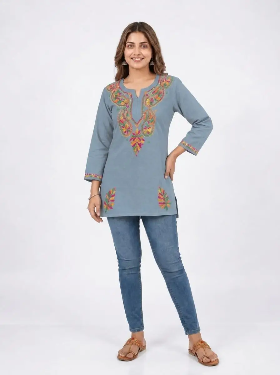 LCF CHIKAN EMBROIDERY SPORT COTTON MULTI COLOURED THREAD WORK SHORT KURTI -GREY view 2