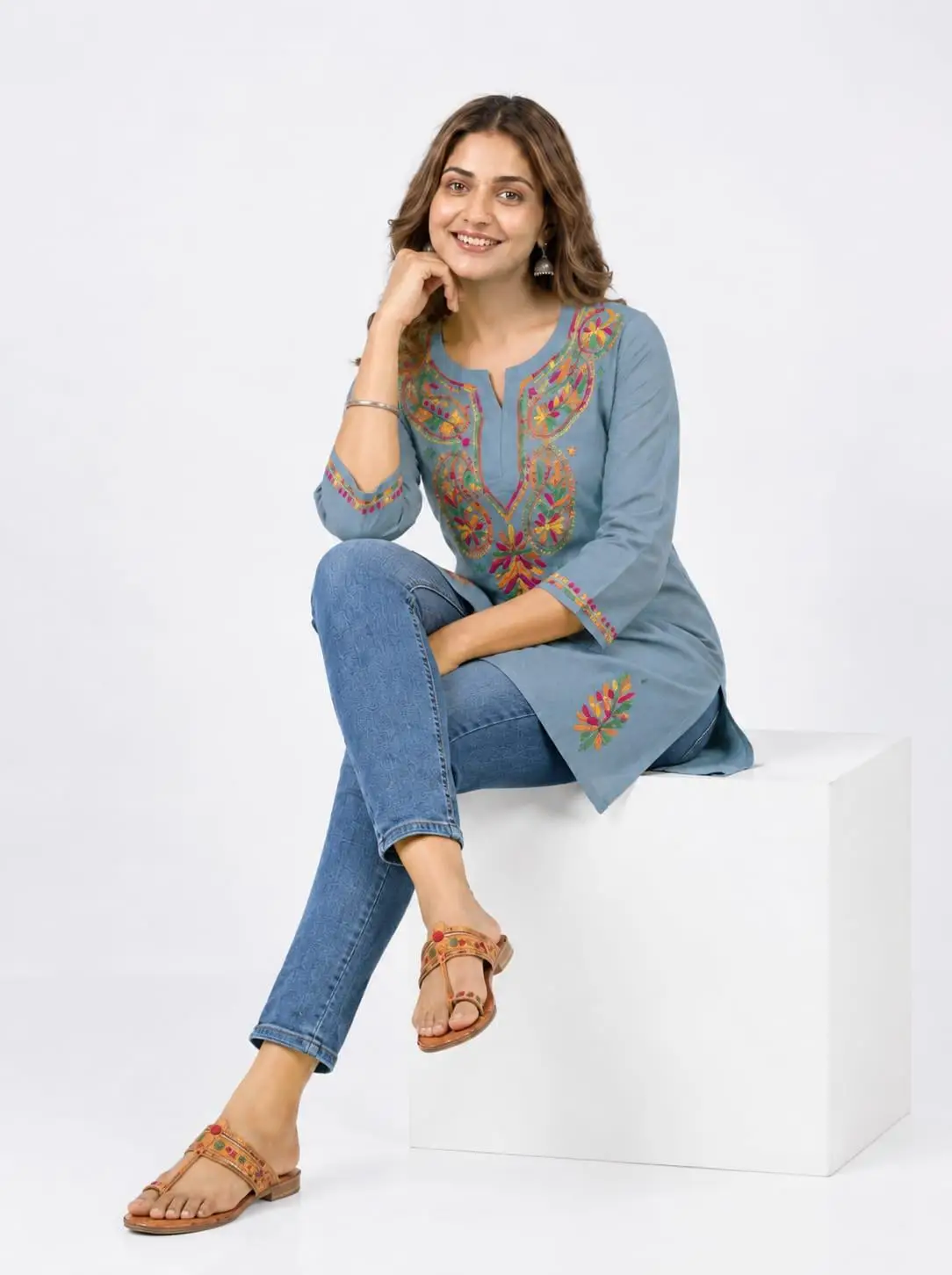 LCF CHIKAN EMBROIDERY SPORT COTTON MULTI COLOURED THREAD WORK SHORT KURTI -GREY view 3