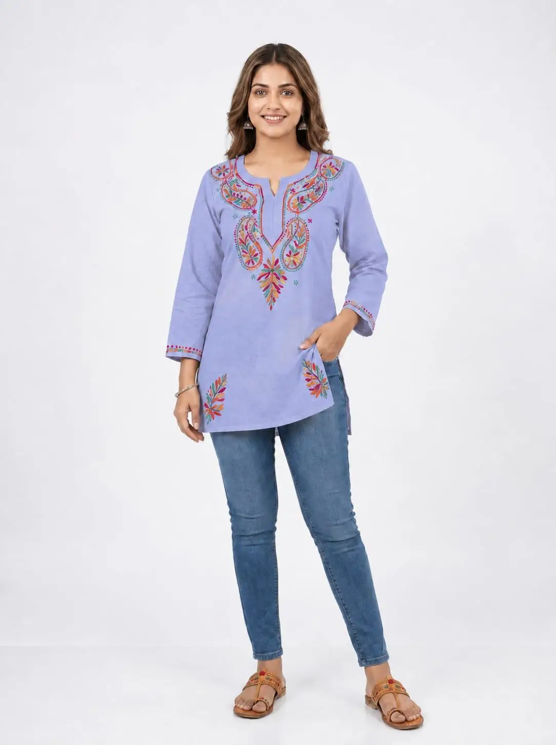 LCF CHIKAN EMBROIDERY SPORT COTTON MULTI COLOURED THREAD WORK SHORT KURTI - LAVENDER