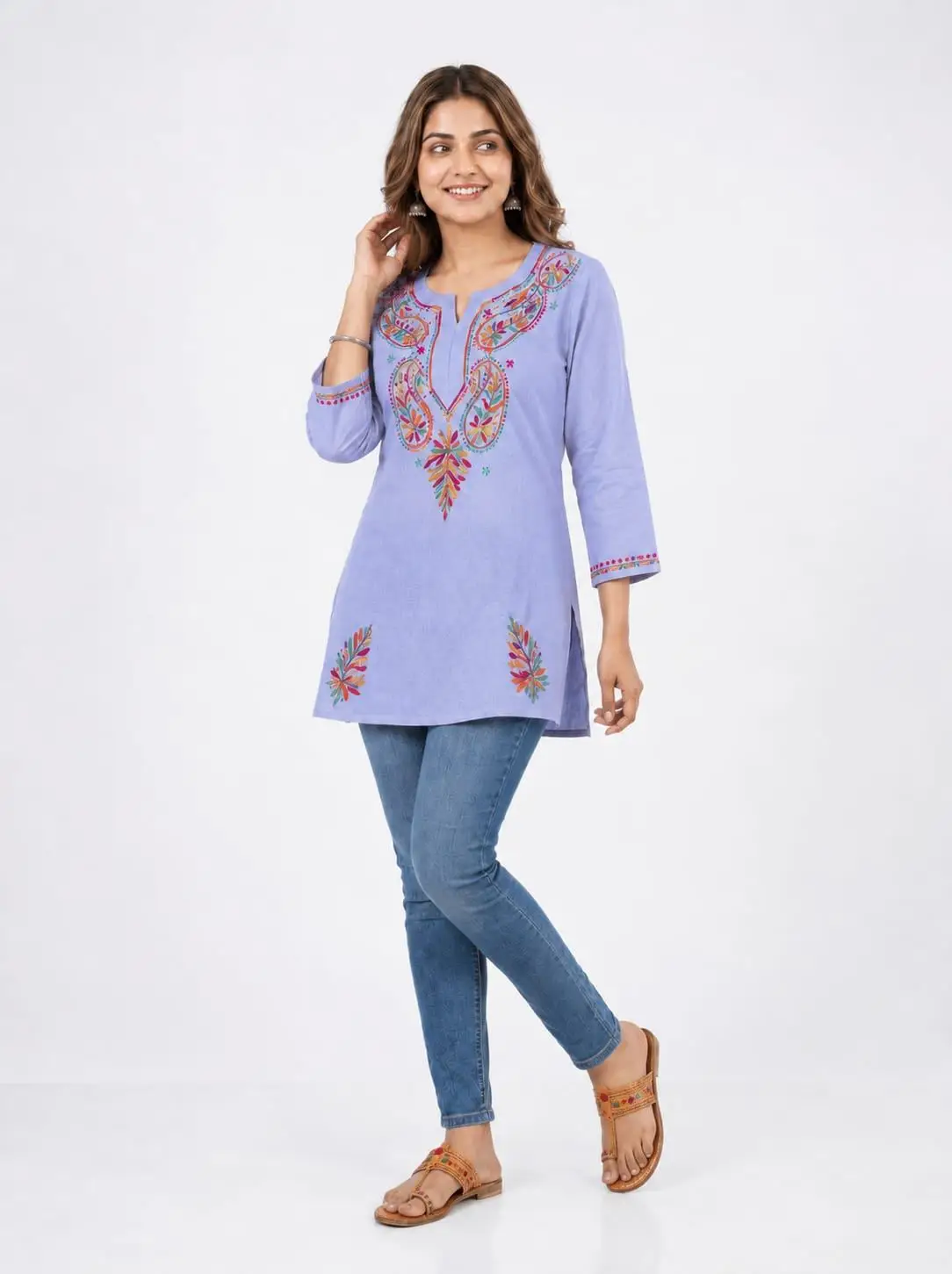 LCF CHIKAN EMBROIDERY SPORT COTTON MULTI COLOURED THREAD WORK SHORT KURTI - LAVENDER view 2