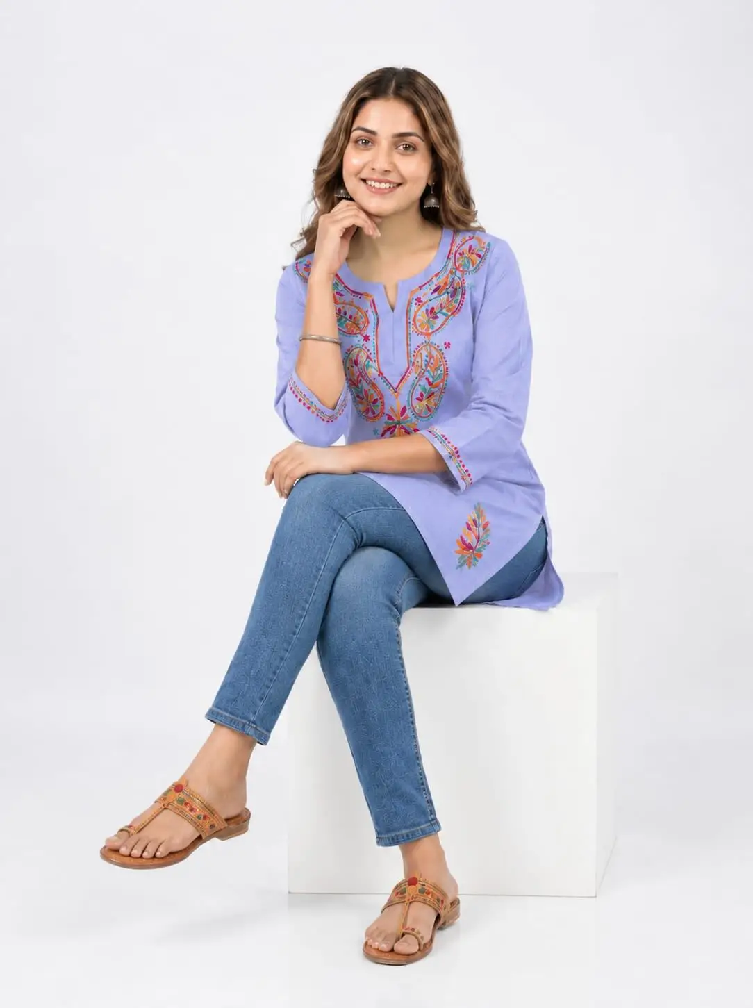 LCF CHIKAN EMBROIDERY SPORT COTTON MULTI COLOURED THREAD WORK SHORT KURTI - LAVENDER view 3