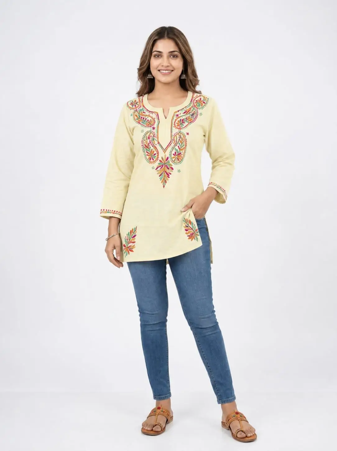 LCF CHIKAN EMBROIDERY SPORT COTTON MULTI COLOURED THREAD WORK SHORT KURTI -LEAMON YELLOW