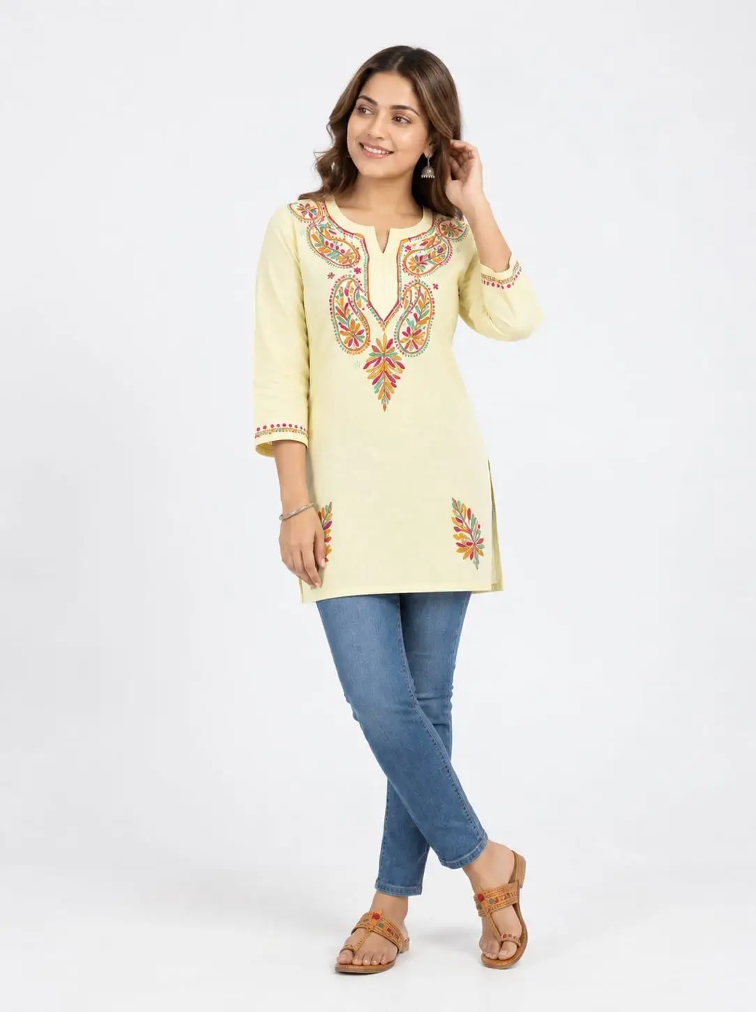 LCF CHIKAN EMBROIDERY SPORT COTTON MULTI COLOURED THREAD WORK SHORT KURTI -LEAMON YELLOW view 2