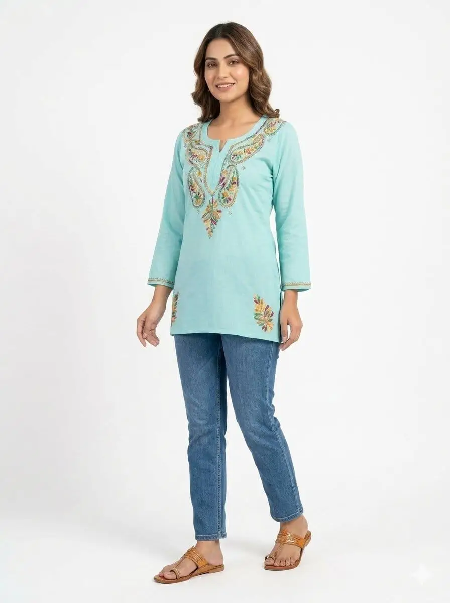 LCF CHIKAN EMBROIDERY SPORT COTTON MULTI COLOURED THREAD WORK SHORT KURTI T- MINT GREEN