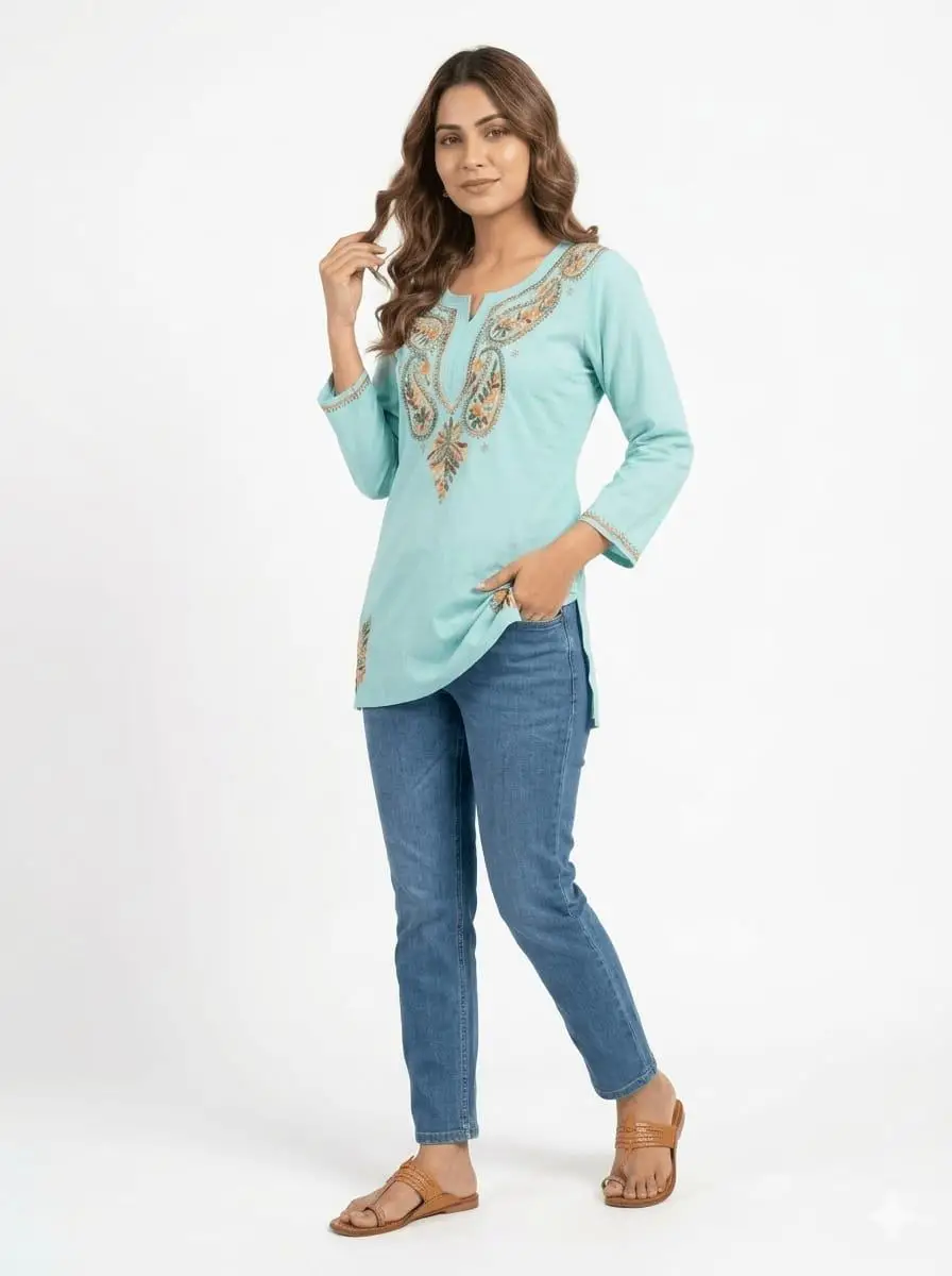 LCF CHIKAN EMBROIDERY SPORT COTTON MULTI COLOURED THREAD WORK SHORT KURTI T- MINT GREEN view 2