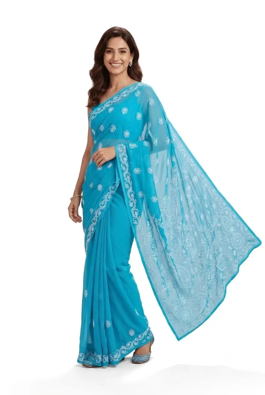 LCF CHIKAN EMBROIDERY CHIFFON SAREE - BLUE