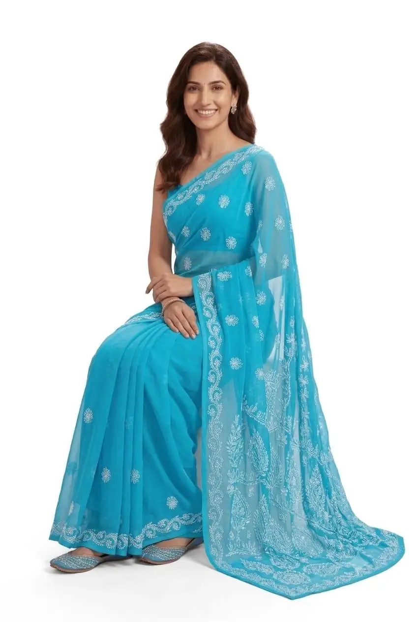LCF CHIKAN EMBROIDERY CHIFFON SAREE - BLUE view 2