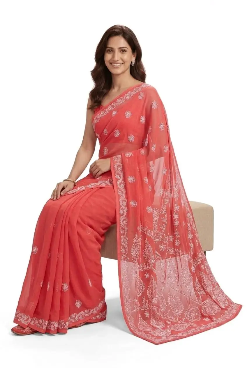LCF CHIKAN EMBROIDERY CHIFFON SAREE -CORAL RED view 2