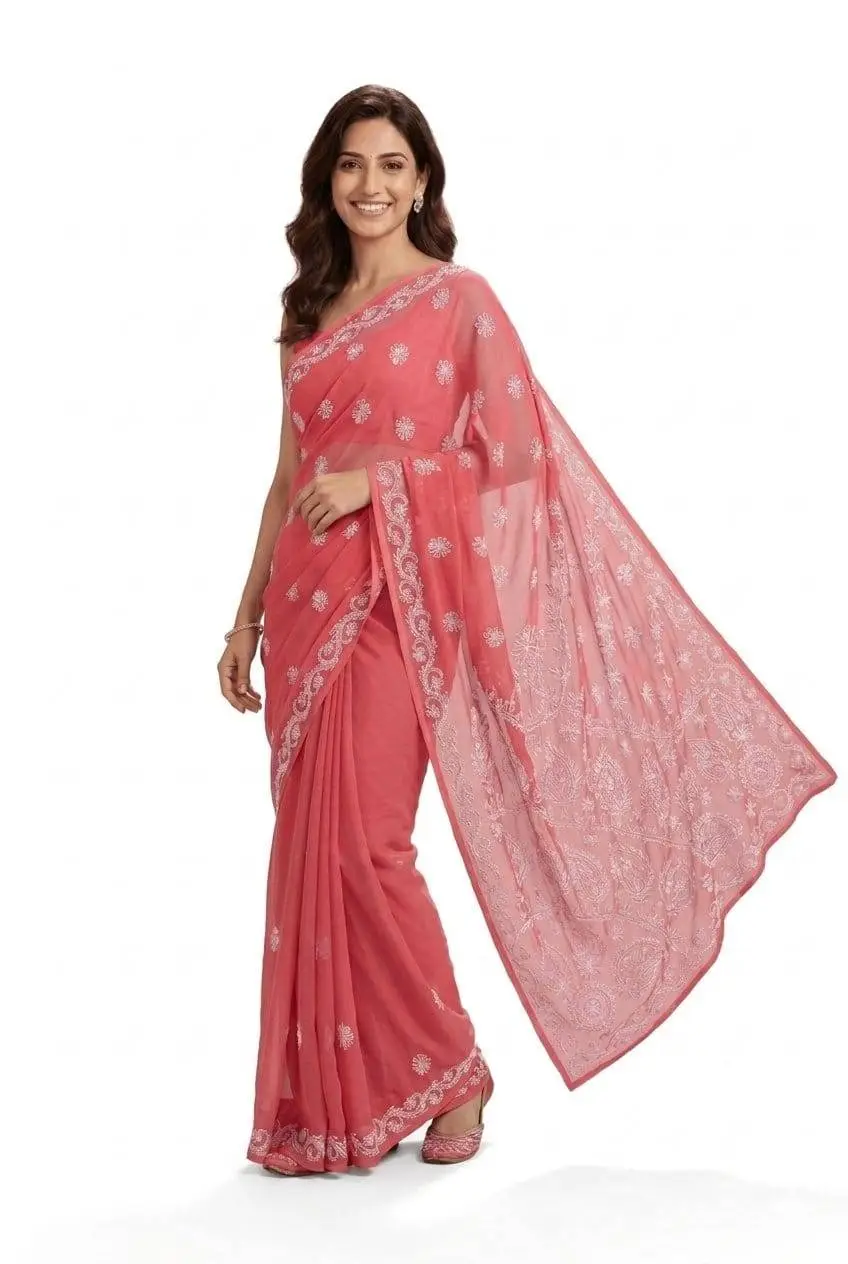 LCF CHIKAN EMBROIDERY CHIFFON SAREE - DARK PEACH