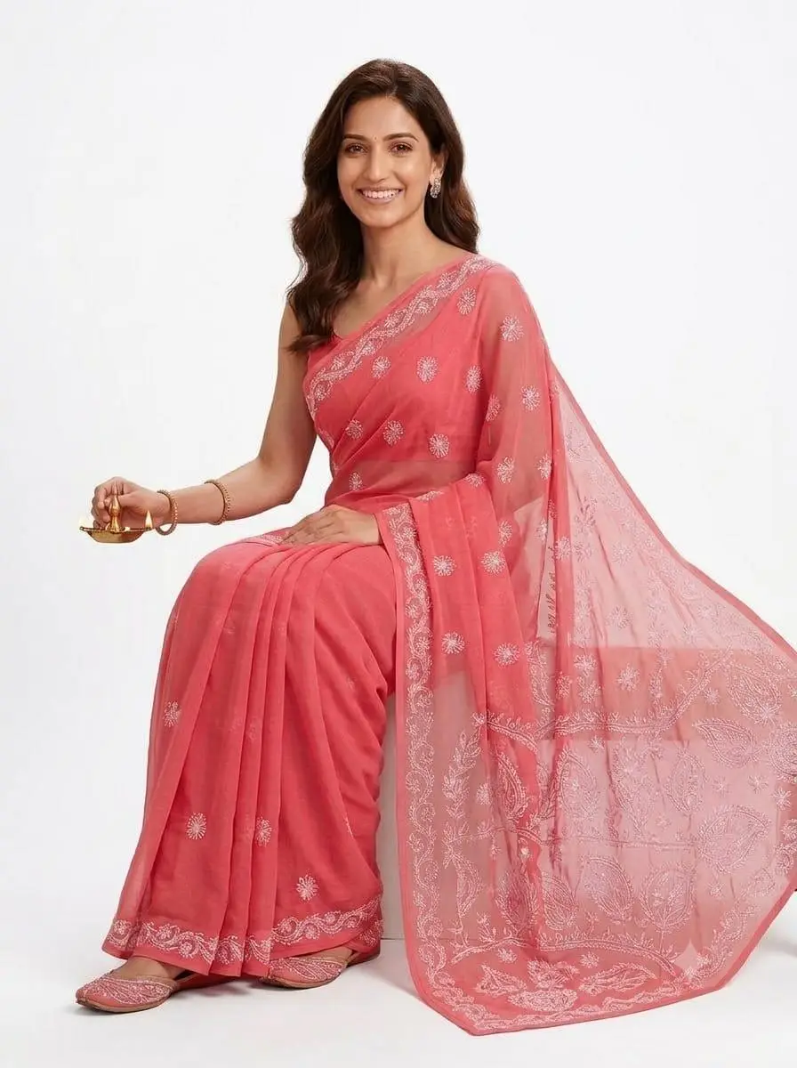 LCF CHIKAN EMBROIDERY CHIFFON SAREE - DARK PEACH view 2
