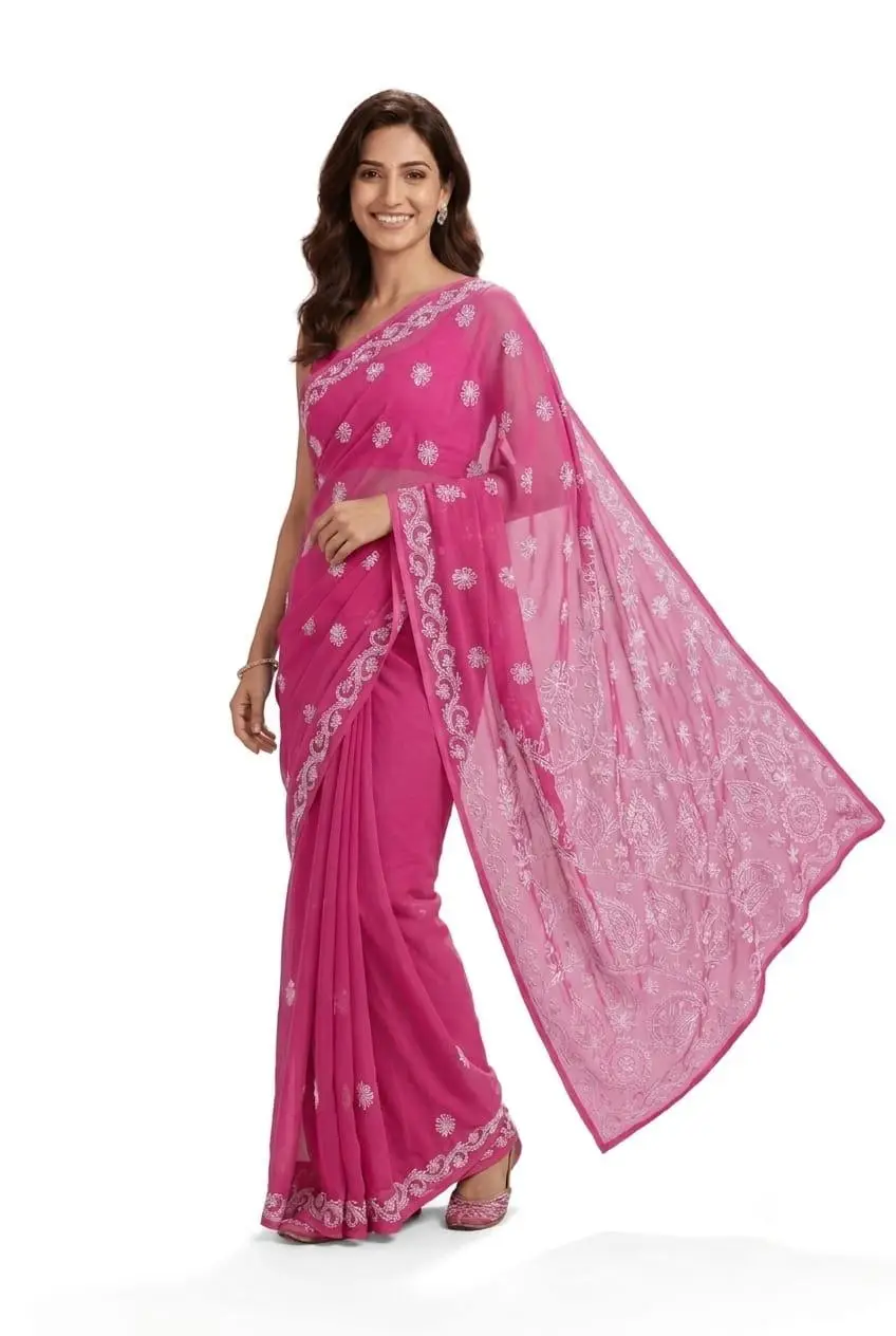 LCF CHIKAN EMBROIDERY CHIFFON SAREE - DARK PINK