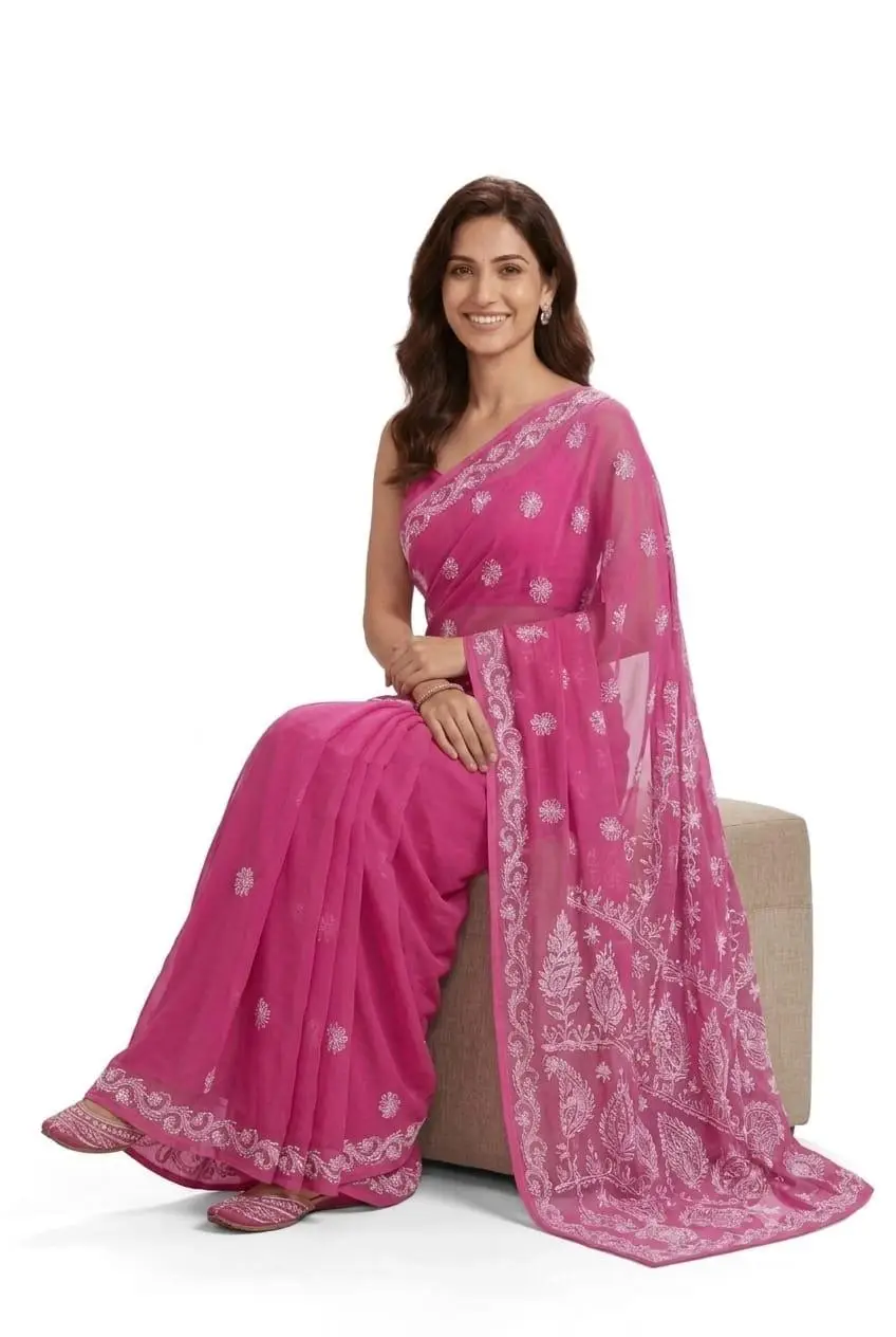 LCF CHIKAN EMBROIDERY CHIFFON SAREE - DARK PINK view 2