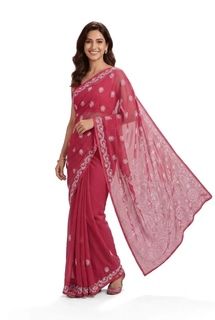 LCF CHIKAN EMBROIDERY CHIFFON SAREE - DEEP PINK