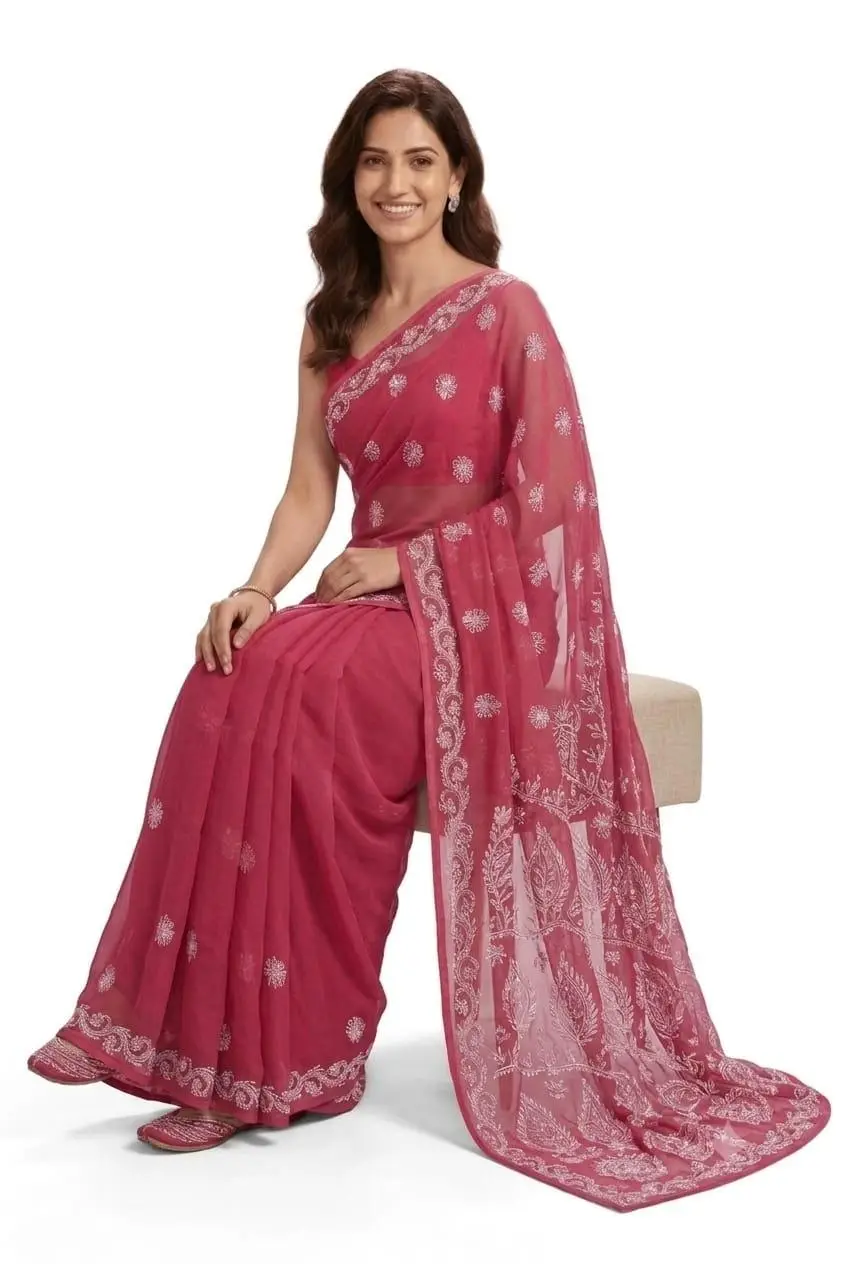 LCF CHIKAN EMBROIDERY CHIFFON SAREE - DEEP PINK view 2