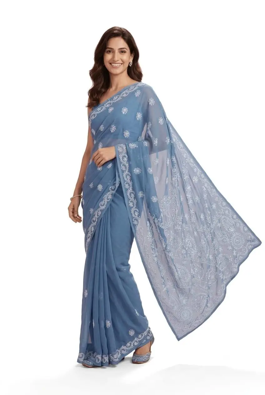LCF CHIKAN EMBROIDERY CHIFFON SAREE - DUSTY BLUE