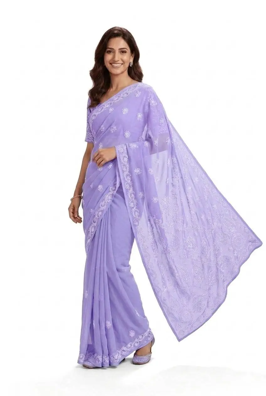 LCF CHIKAN EMBROIDERY CHIFFON SAREE - LAVENDER
