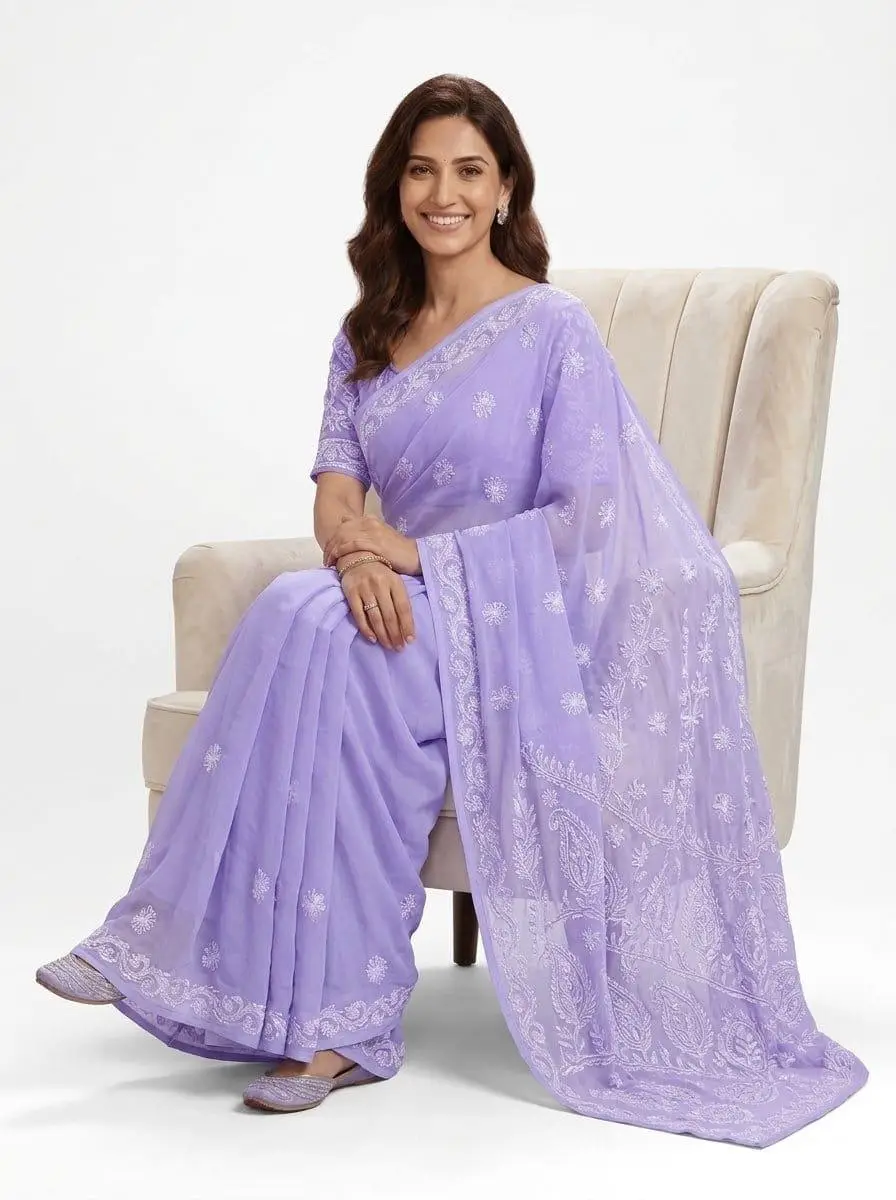 LCF CHIKAN EMBROIDERY CHIFFON SAREE - LAVENDER view 2