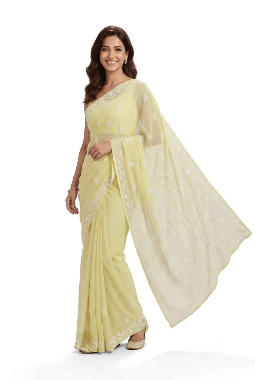 LCF CHIKAN EMBROIDERY CHIFFON SAREE - LEMON YELLOW