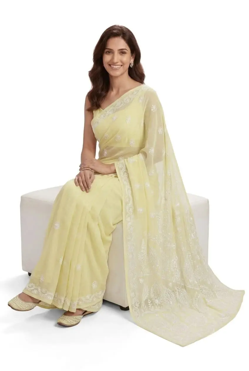 LCF CHIKAN EMBROIDERY CHIFFON SAREE - LEMON YELLOW view 2