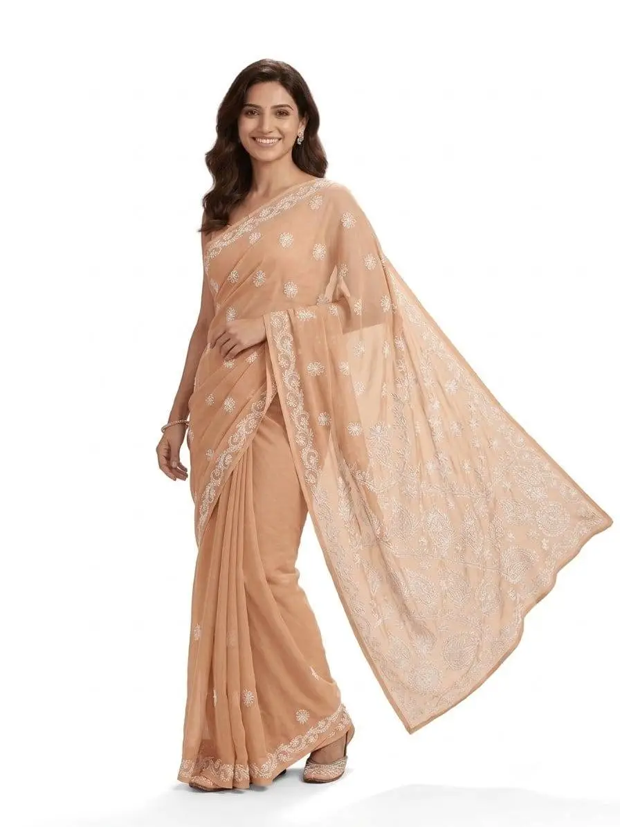 LCF CHIKAN EMBROIDERY CHIFFON SAREE - LIGHT PEACH