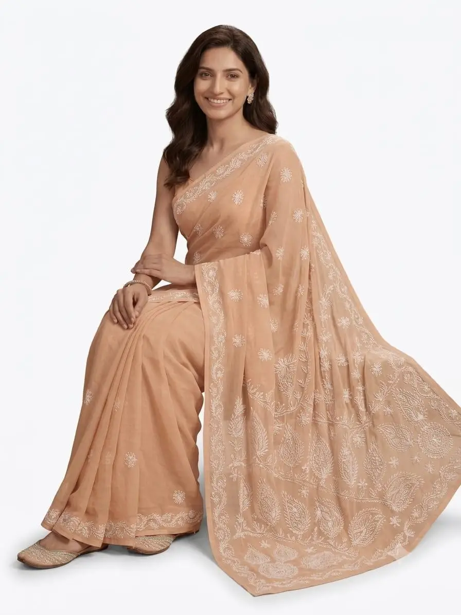 LCF CHIKAN EMBROIDERY CHIFFON SAREE - LIGHT PEACH view 2