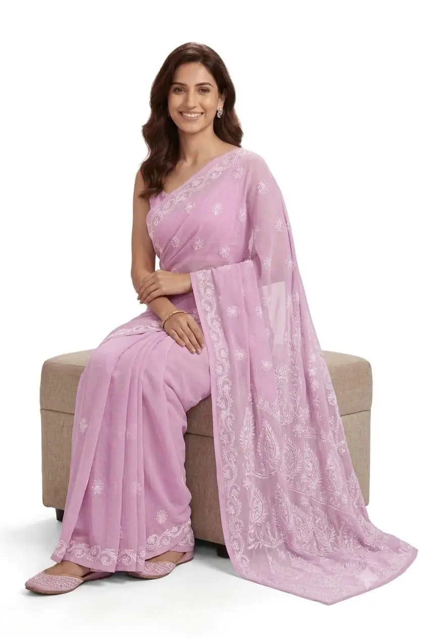 LCF CHIKAN EMBROIDERY CHIFFON SAREE - LIGHT PINK view 2