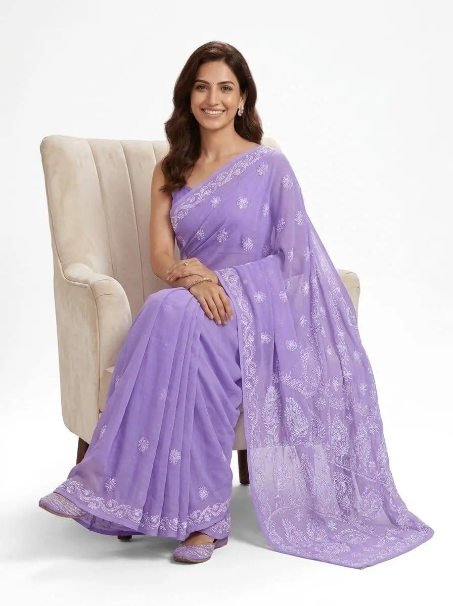 LCF CHIKAN EMBROIDERY CHIFFON SAREE - PURPLE view 2