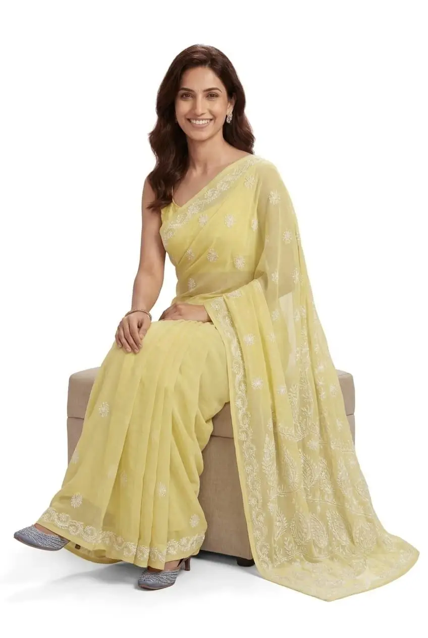 LCF CHIKAN EMBROIDERY CHIFFON SAREE - LIGHT YELLOW view 2
