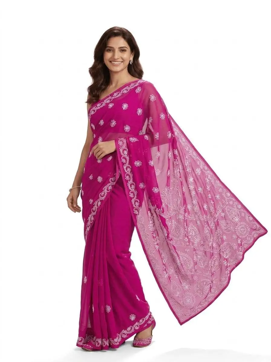 LCF CHIKAN EMBROIDERY CHIFFON SAREE - MAGENTA PINK