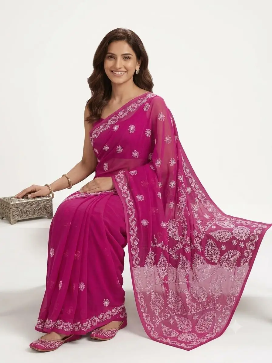 LCF CHIKAN EMBROIDERY CHIFFON SAREE - MAGENTA PINK view 2