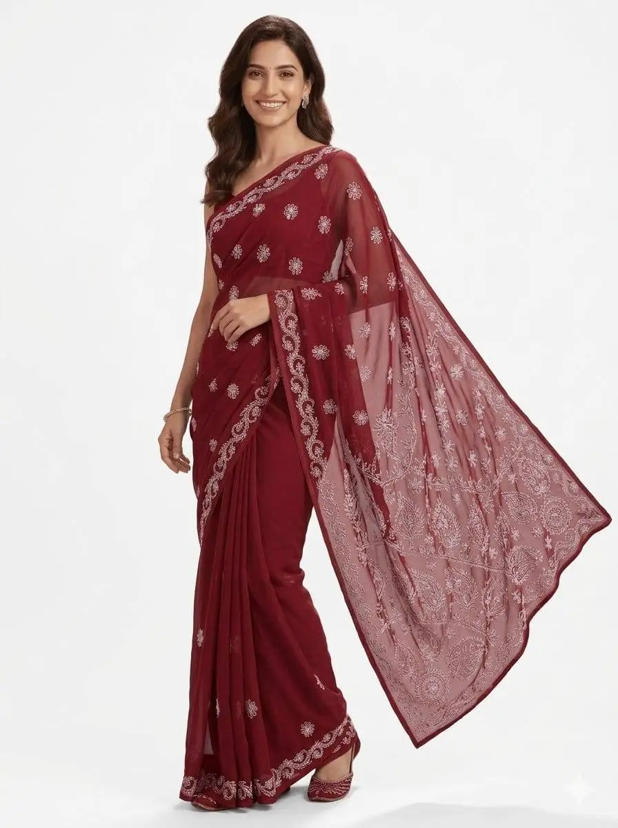 LCF CHIKAN EMBROIDERY CHIFFON SAREE - MAROON