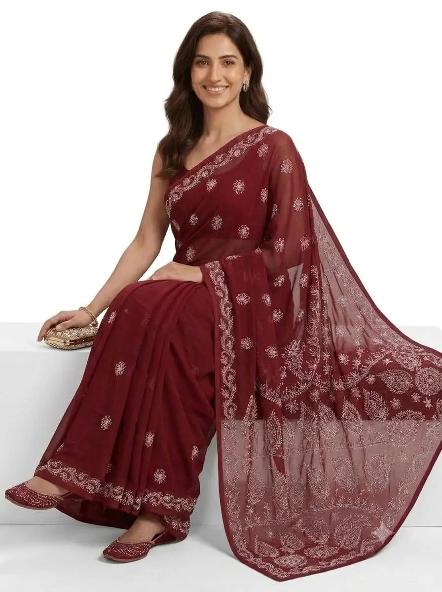LCF CHIKAN EMBROIDERY CHIFFON SAREE - MAROON view 2