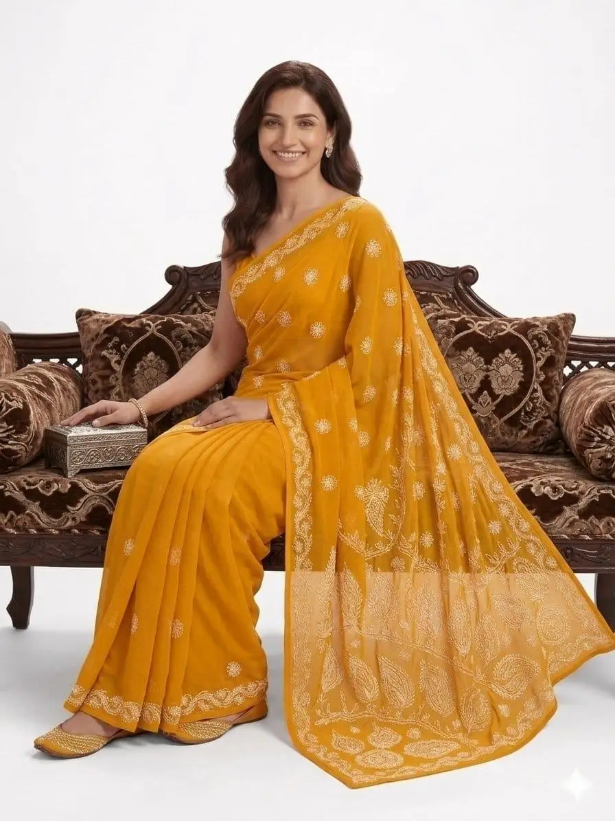 LCF CHIKAN EMBROIDERY CHIFFON SAREE - MUSTED YELLOW view 2