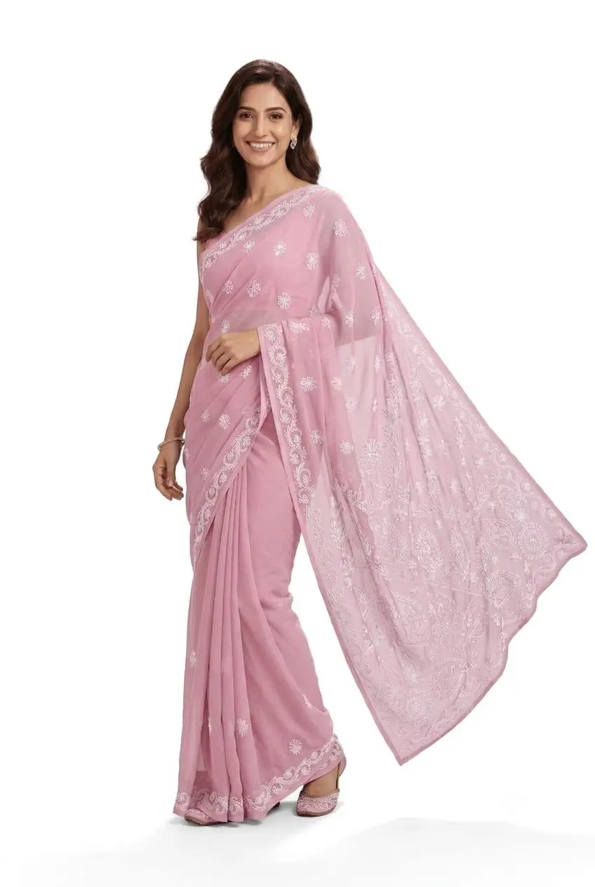LCF CHIKAN EMBROIDERY CHIFFON SAREE - ONION PINK view 2